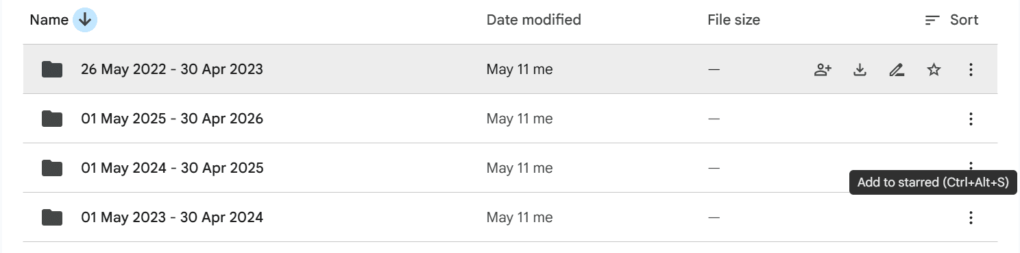Choose the current financial year end folder in Google Drive
