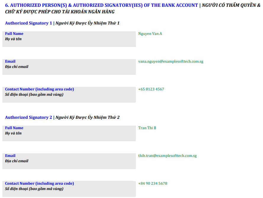 Sample Form Section 06: Authorised Bank Account Signatories