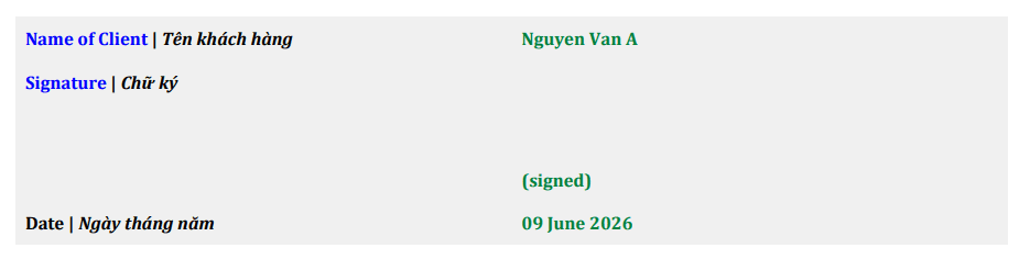 Sample Form Section 07 Part 4: Signature, Name, Date & Authorisation