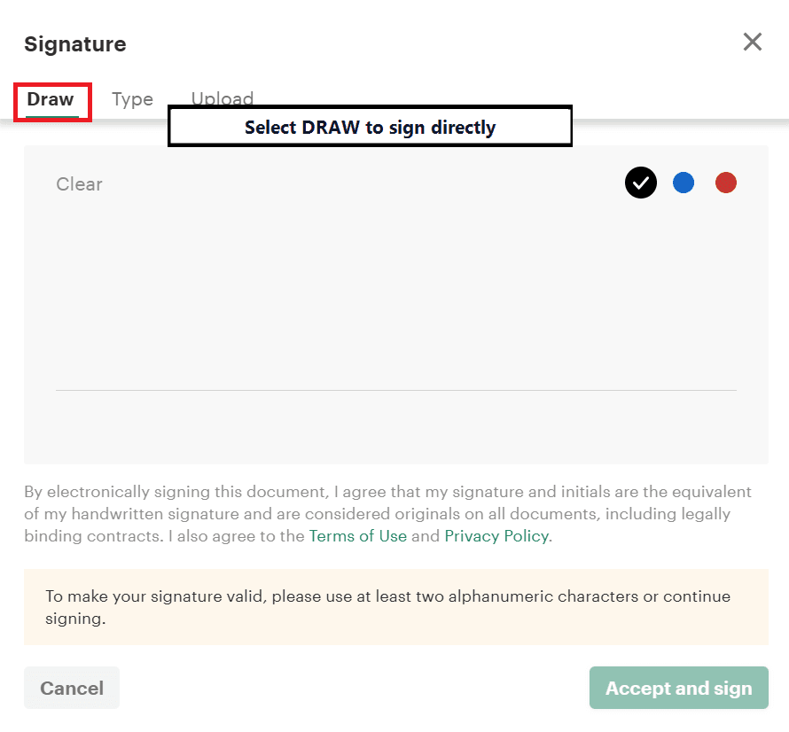 PandaDoc guide to selecting Draw and signing on screen