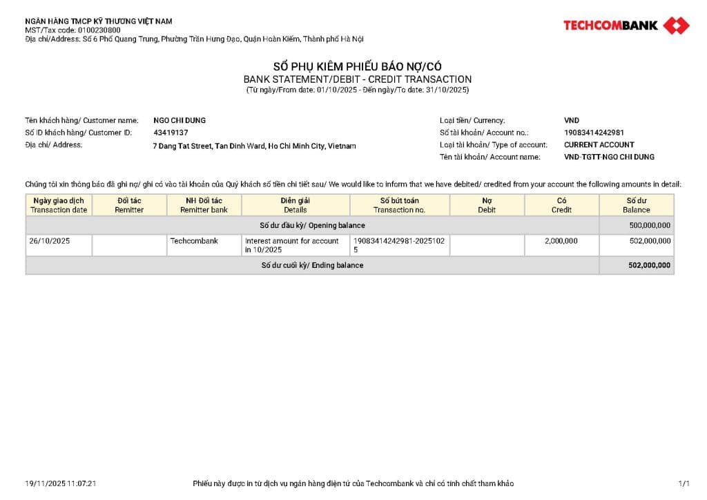 Sample personal bank account statement for capital proof