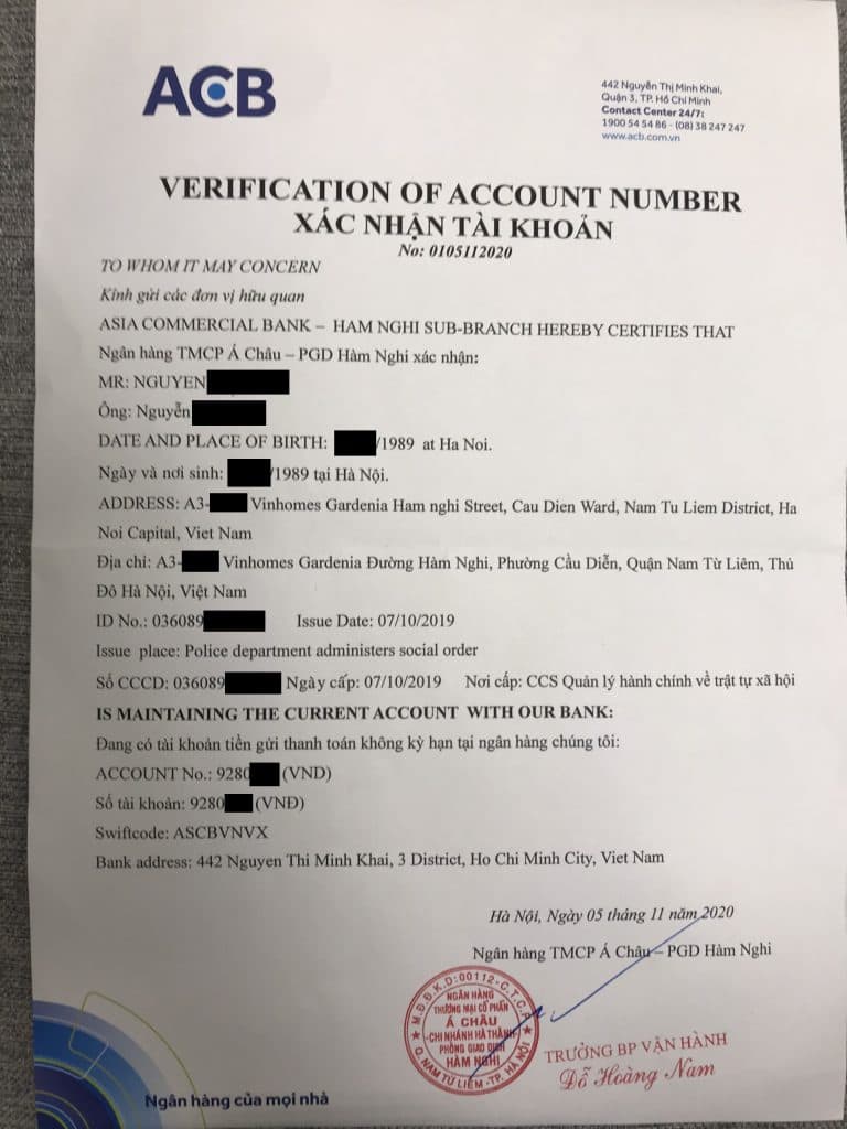 Sample bank account confirmation for residential address verification