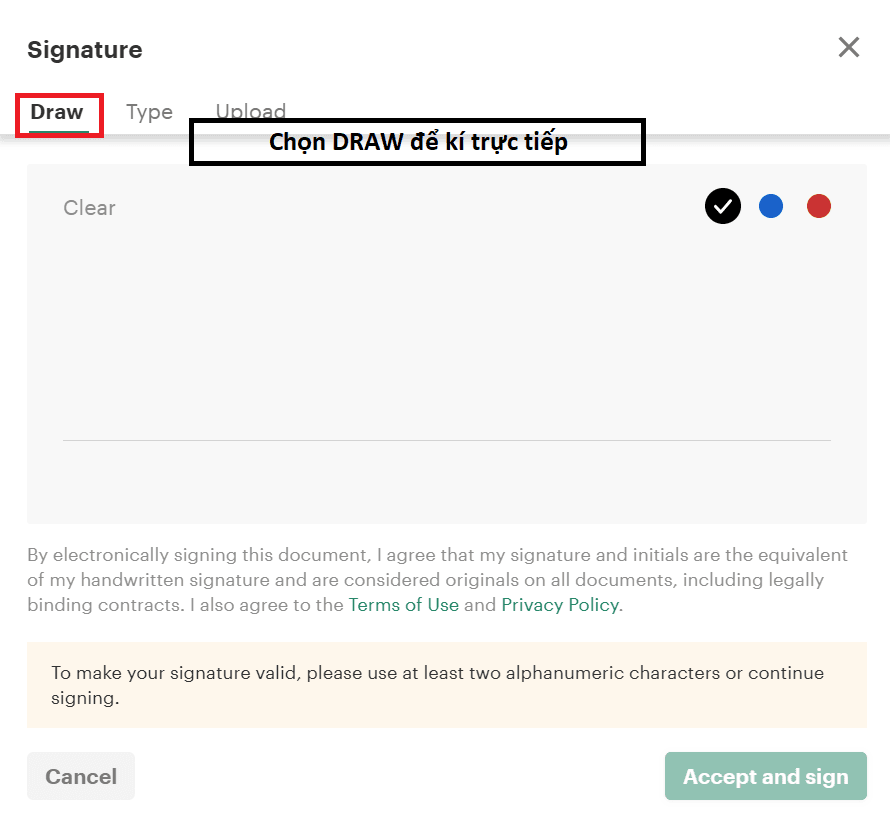 PandaDoc guide to selecting Draw and signing on screen