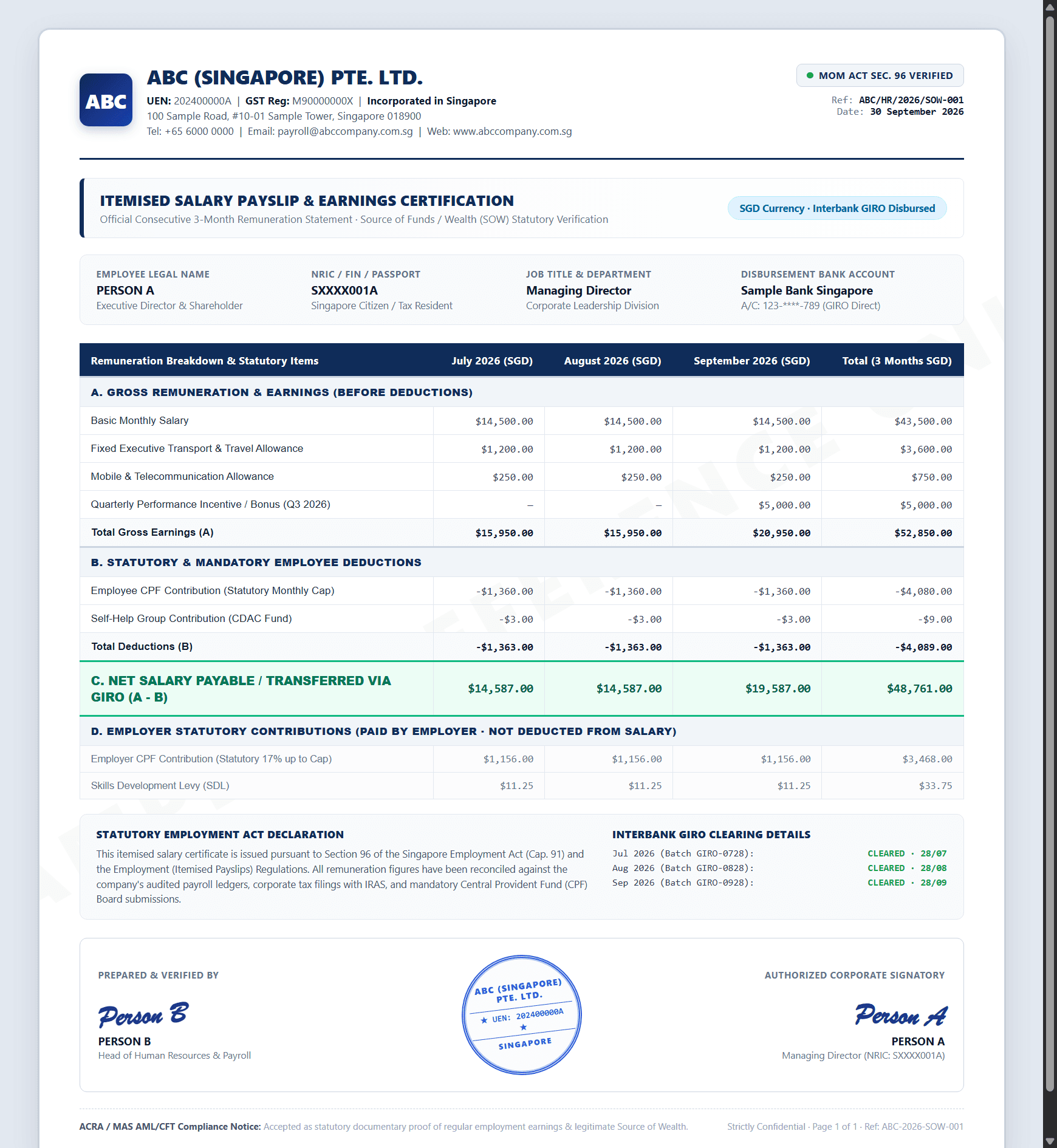 Sample Singapore itemised 3-month salary statement and payslip for KYC financial verification - ABC (Singapore) Pte. Ltd.
